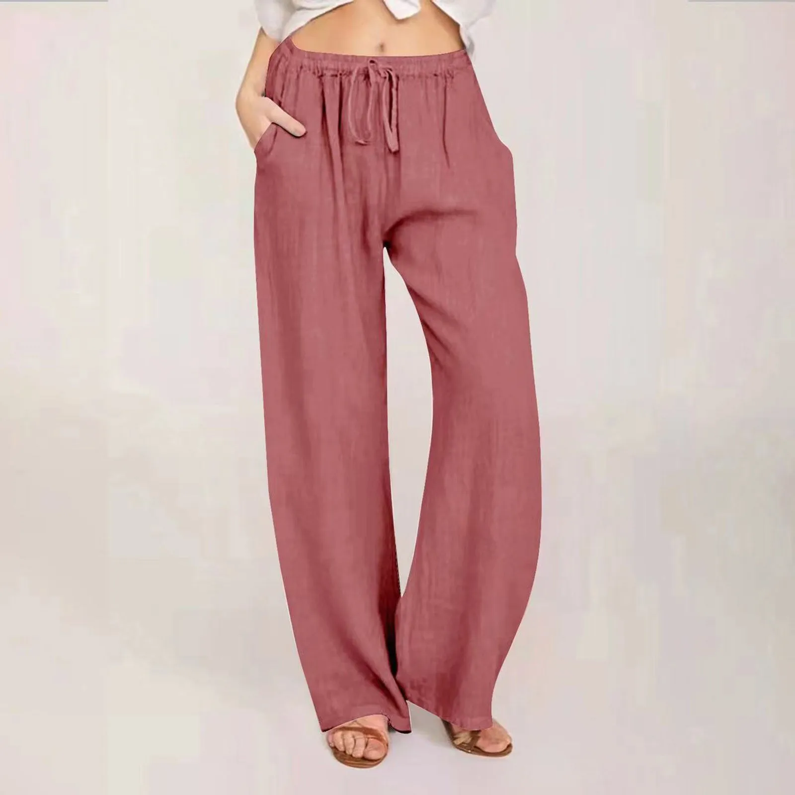 Women Summer Cotton Linen Pants Casual Comfortable Loose Elastic Waist Oversized Beach Jogger Lounge Pants Vintage Woman Clothes