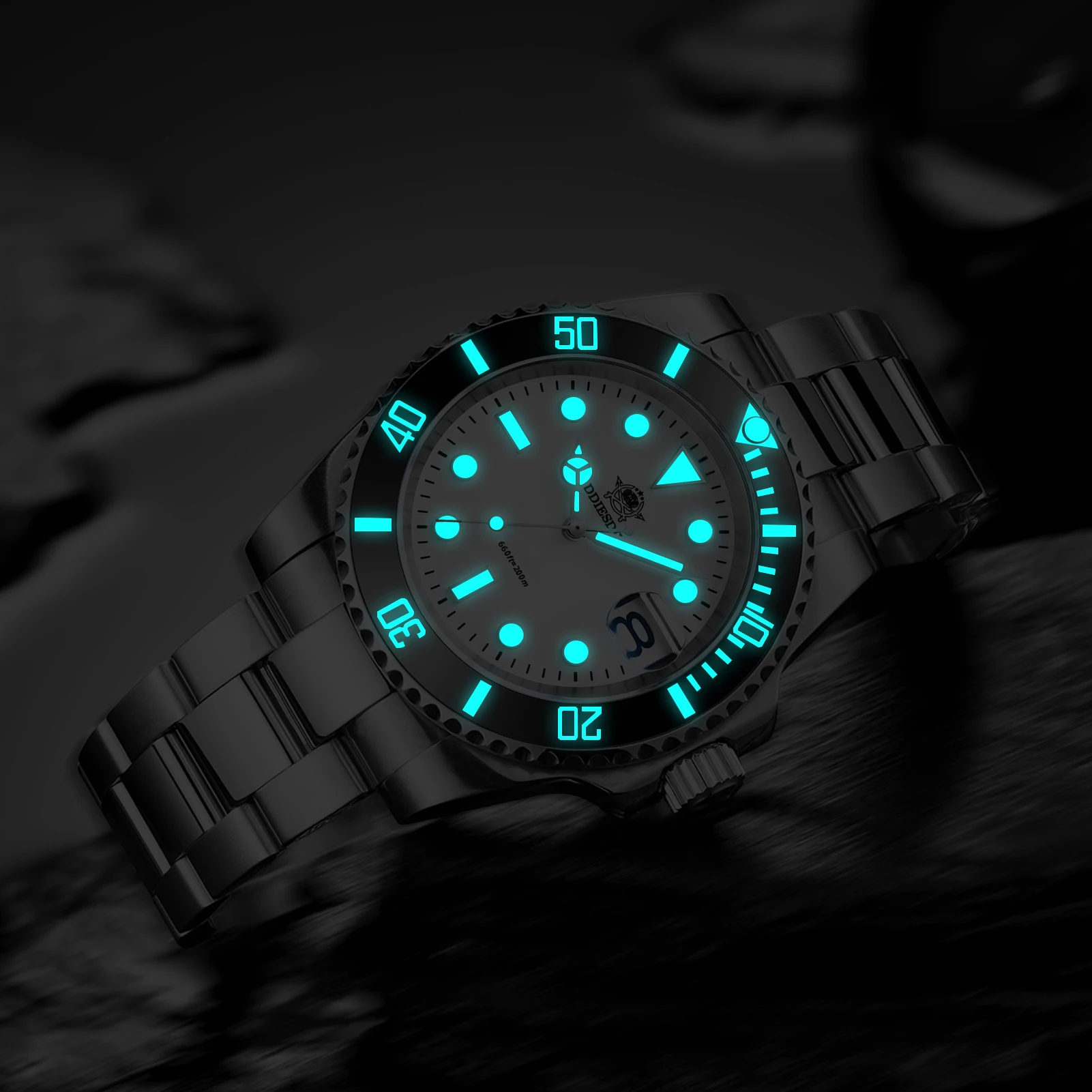 ADDIESDIVE Waterproof Quartz Watch for Men Stainless Steel Luminous Diving Wristwatch Calendar Analog Watch Silver reloj hombre