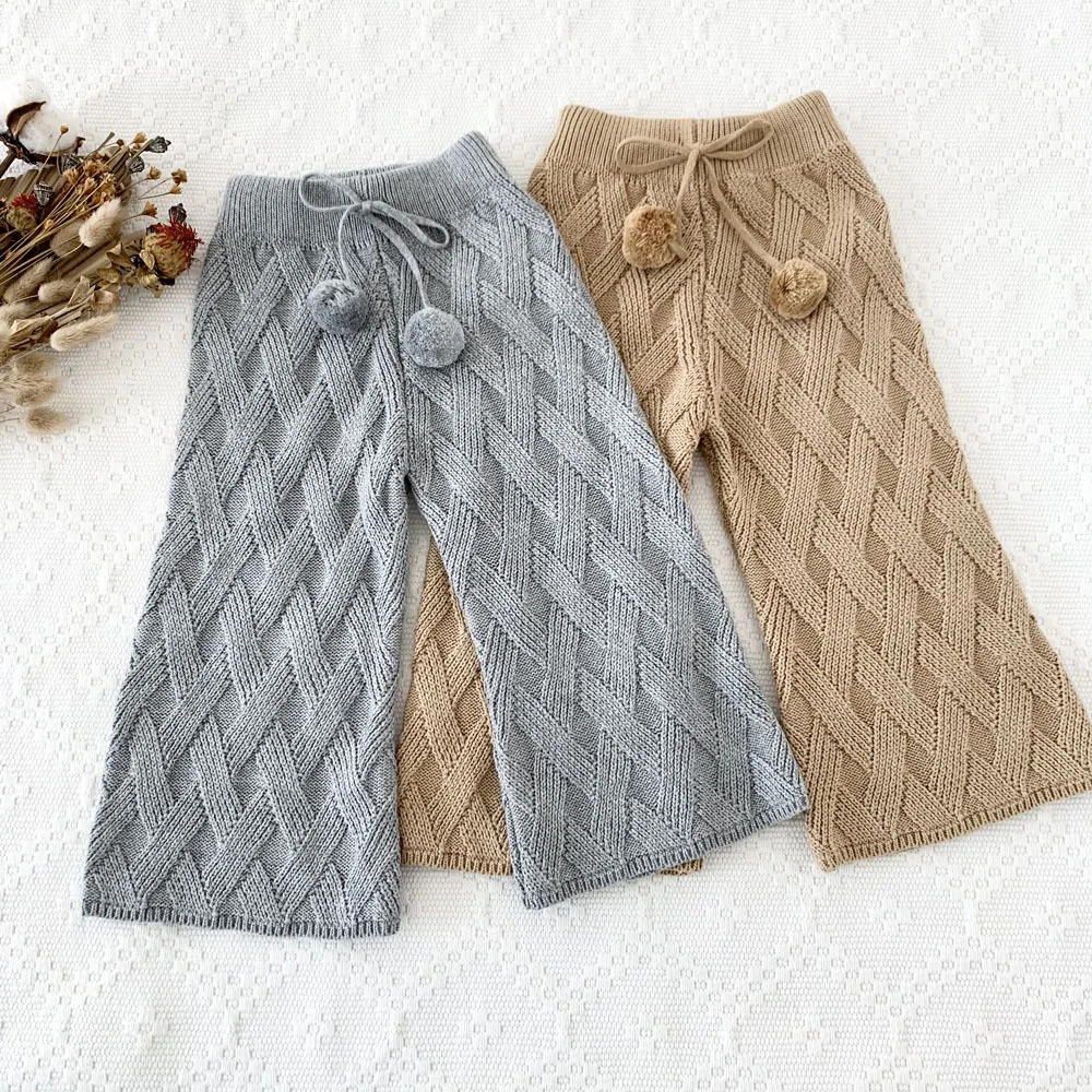 

Kids Clothing Autumn Girls Knitted Pants Children Solid Geometric Wid Leg Trousers Fashion Baby Girl Casual Loose Pant Clothes