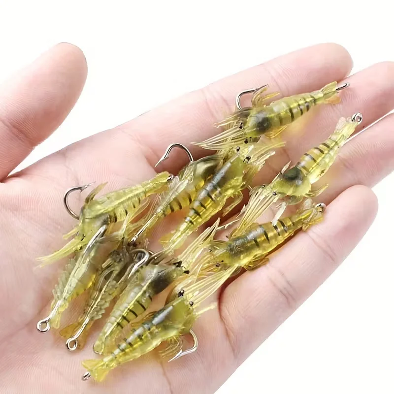 Cebo Artificial de silicona para camarones luminosos, simulación de gambas suaves con ganchos, Wobbler de carpa para aparejos de pesca, señuelo de carpa, 10 Uds.
