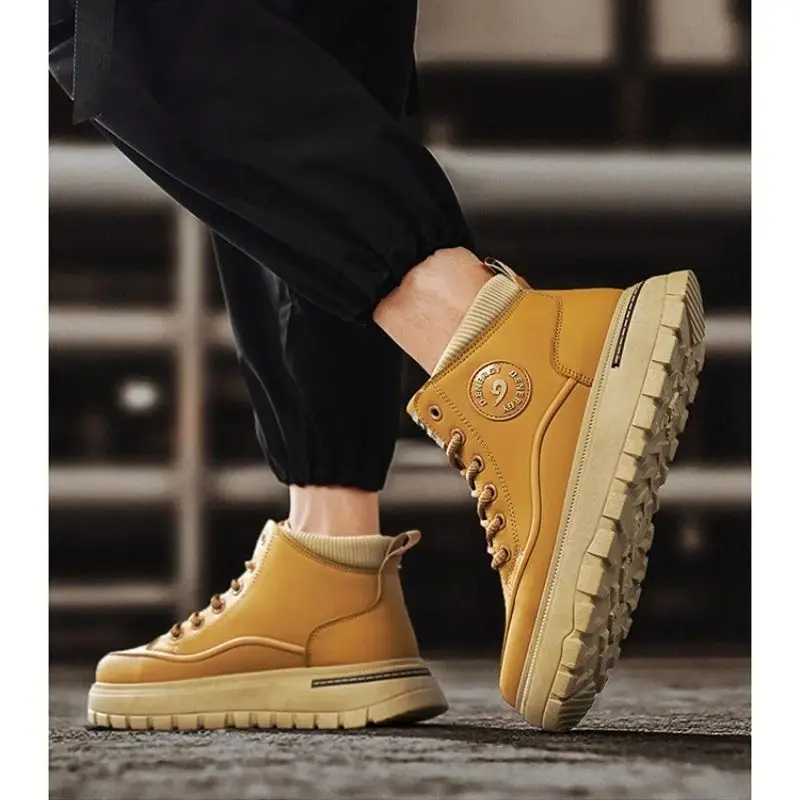 Men's Autumn Winter High-Top Thick-Soled Ankle Boots Trendy Outdoor Workwear Leather Casual Sports Shoes