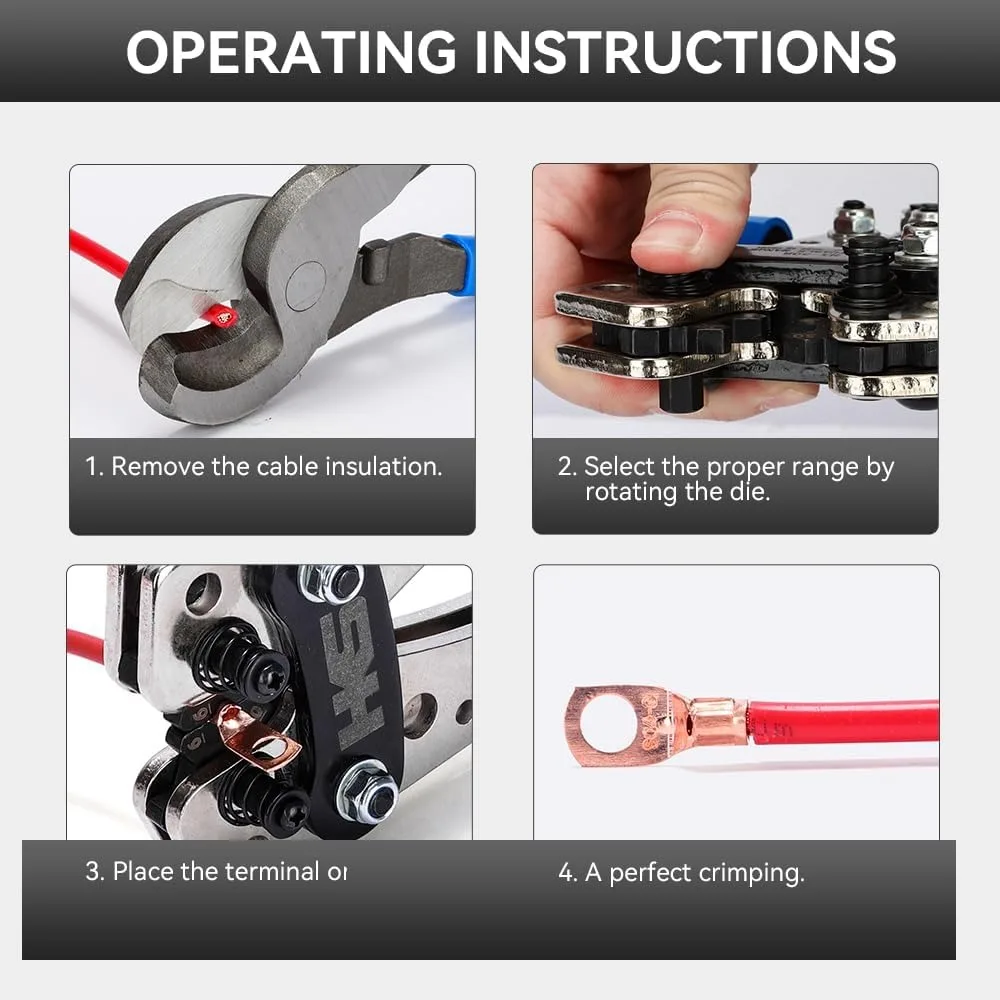 Heavy Duty Battery Cable Crimping Tool Set with Cutter, Copper Terminals & Heat Shrink Tubing for 10-1 AWG Wires