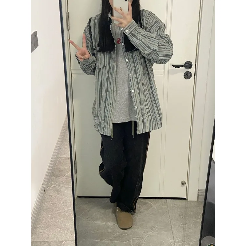 Qweek Vintage Gestreepte Preppy Koreaanse Stijl Shirts Oversized Harajuku Casual Blouse Met Lange Mouwen Minimalistische Herfstkleding Voor Dames