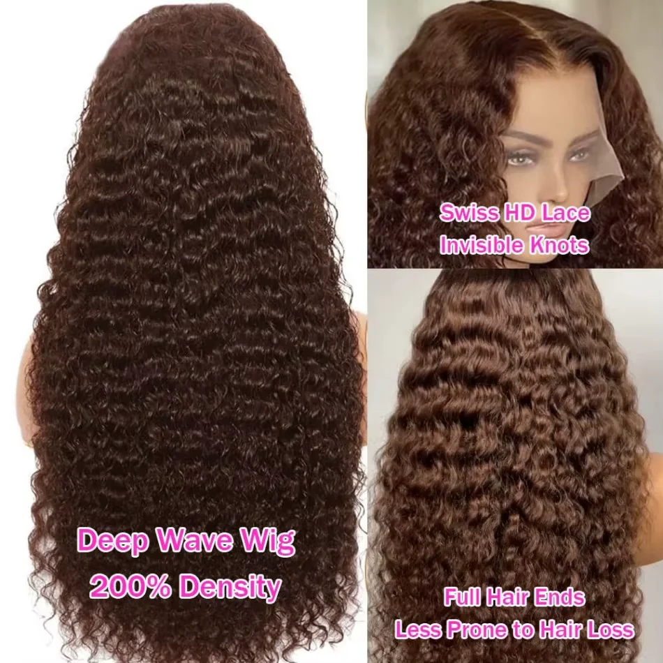 250% Density Chocolate Brown Deep Wave Wigs Human Hair 13x4 13x6 HD Lace Front Human Hair Wig 30 40 Inch Lace Frontal Curly Wig image 2