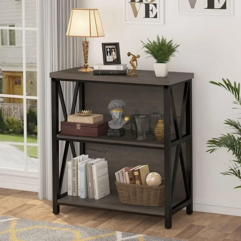 

Book Shelf Farmhouse Small Book Case for Small Space Bookcase Rustic Short 2 Shelf Bookshelf Industrial Low Wood Bookcase Living