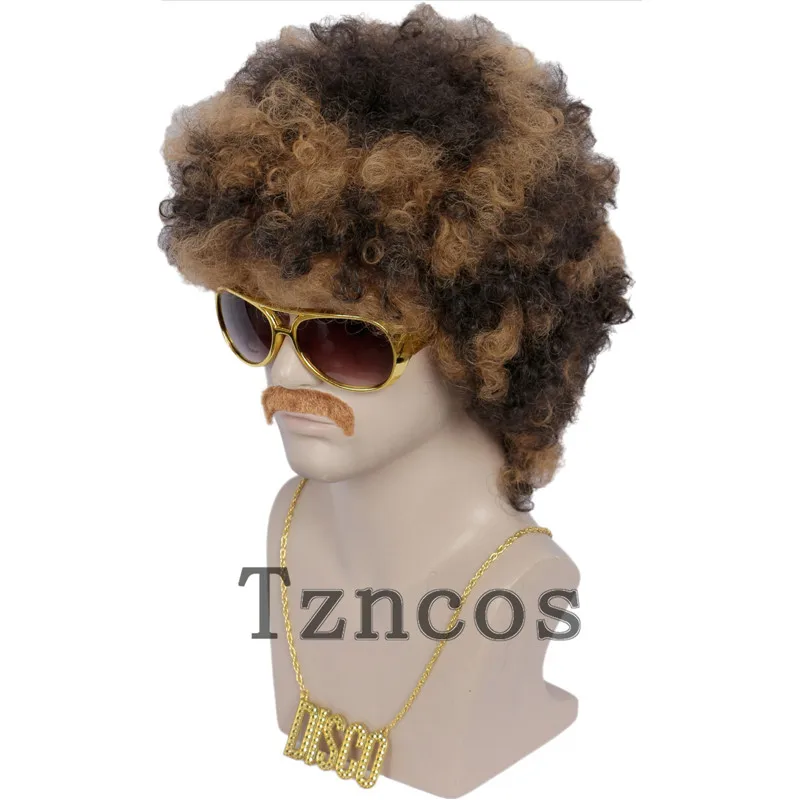 Tzncos Men’s 80s Disco Wig Black Brown Wig Halloween Costume Male Wig with Glasses and Beard Disco Necklace Curly Short Wig