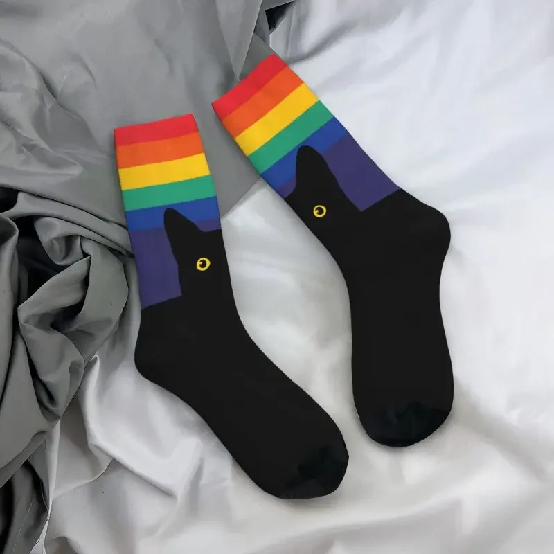 Cute Peeking Cat In Rainbow Circle Socks Women Men Warm 3D Printing LGBT Gay Pride Sports Football Socks