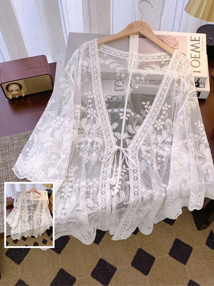 

Sweet Pure Color Lace irt Thin V-ne Belted Open Cardigan Summer Casual Loose Fit Polyester Cotton Blend Floral Embroidery