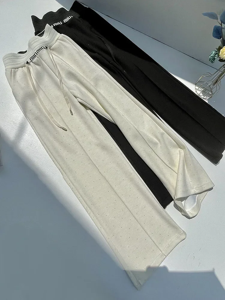 White Wide Leg Pants Female Exquisite Rhinestone 2025 New Winter Clothes High-End European Goods Mop Pants