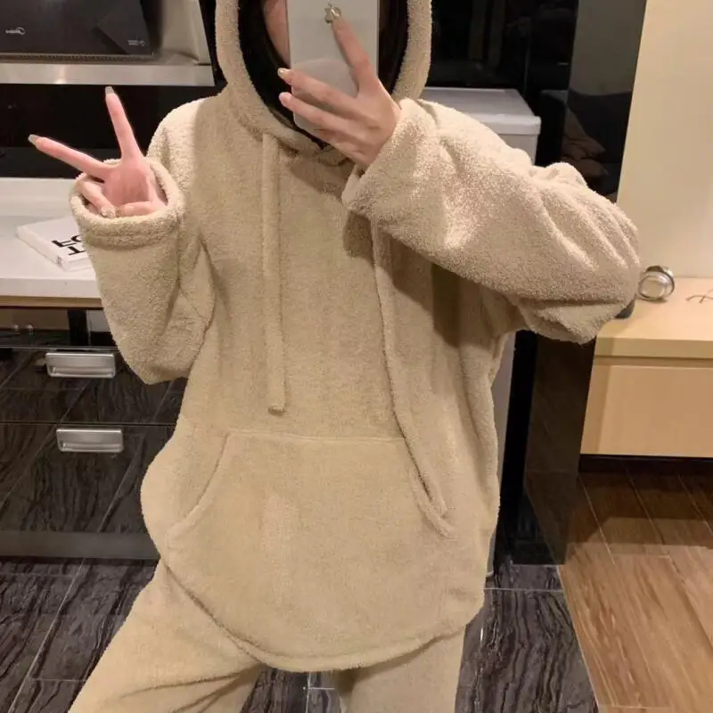 

Женские пижамы, комплект домашней одежды, одежда для сна, домашняя одежда для девочек, студенческий коралловый флис, однотонный, сохраняющий тепло, осенне-зимний комплект из двух предметов