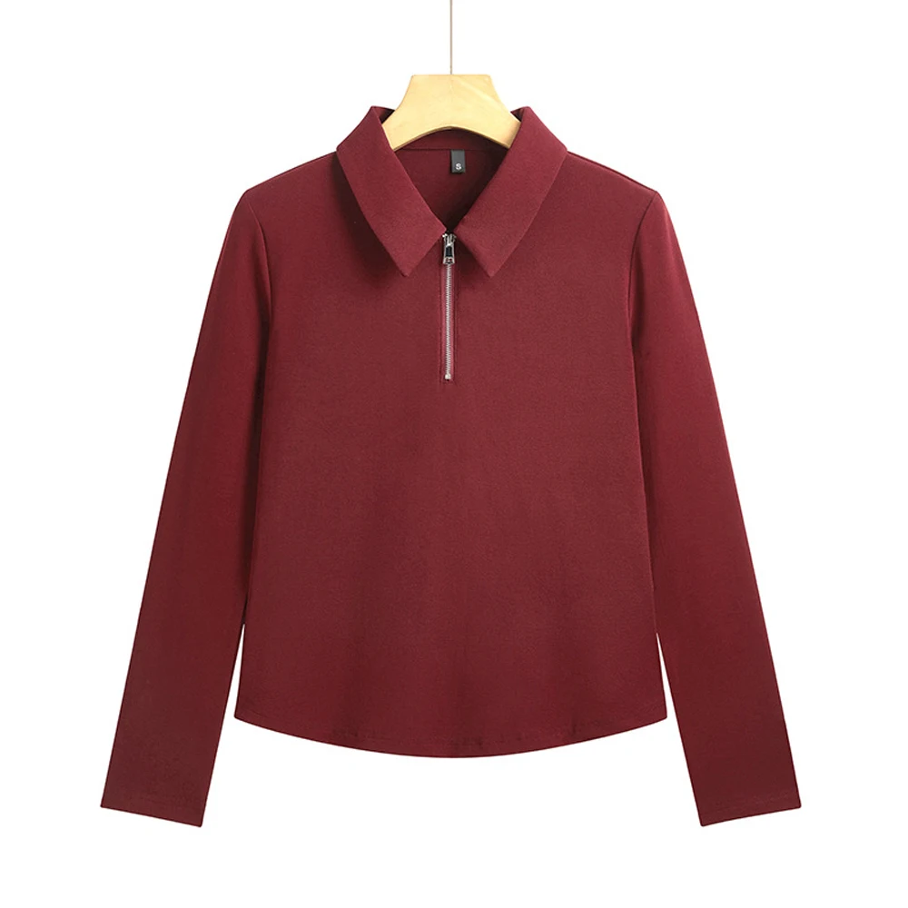 European style Angora red long sleeved T-shirt for women's autumn new high-end cotton fashion plus zipper lapel casual top