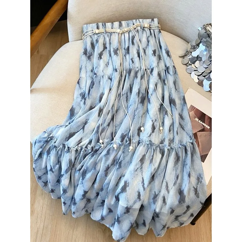 Vintage Ethnic Blue Tie Dye Print Tiered Chiffon Midi Skirt High-waist Flowy Skirt Tassel Belt Women Cottagecore Vacation Outfit
