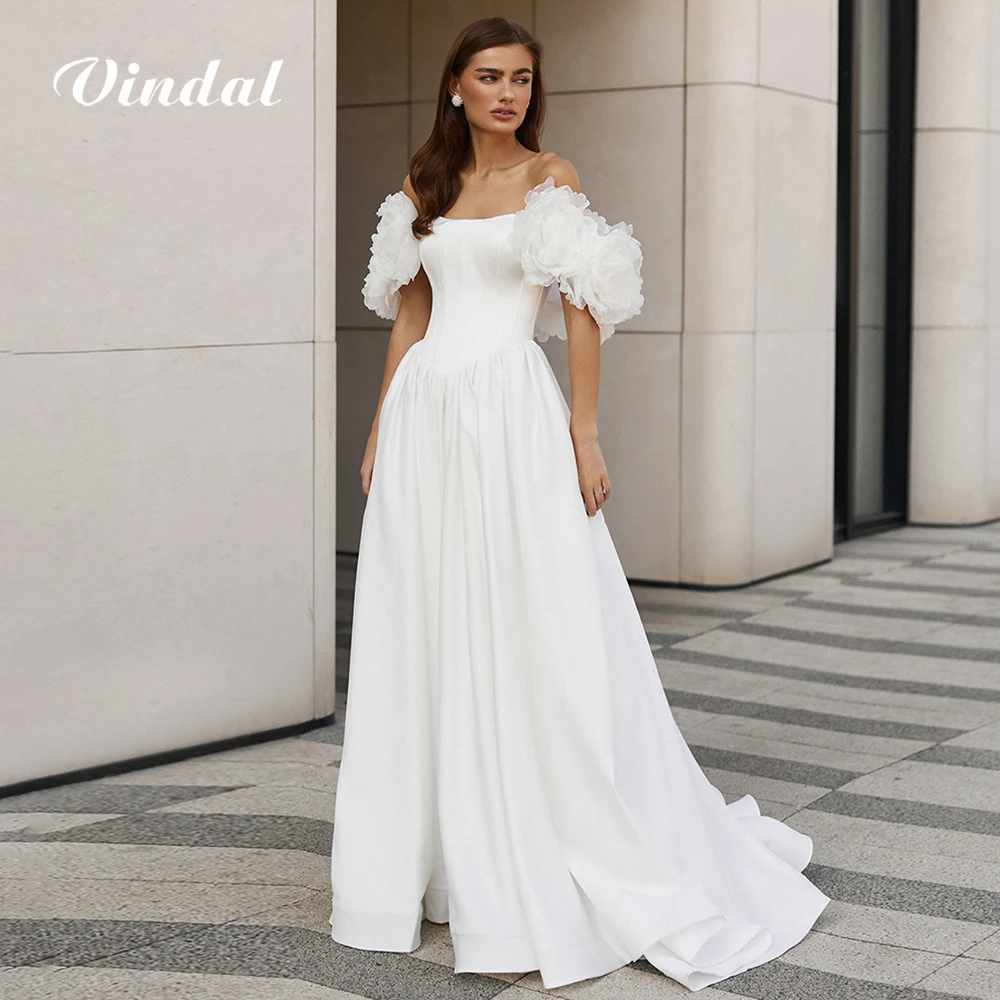 Elegancka suknia ślubna w kształcie litery A z odkrytymi ramionami, marszczona satyna, księżniczka, długa suknia ślubna cywilna, rozmiary plus size, możliwość personalizacji.