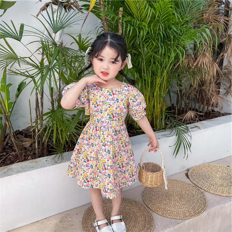 

Summer Baby and Girls Cotton All-Over Floral Puff Sleeves Button Back Show Waist Dress School Kids Sweet Outfit Clothing 2-8 Yrs