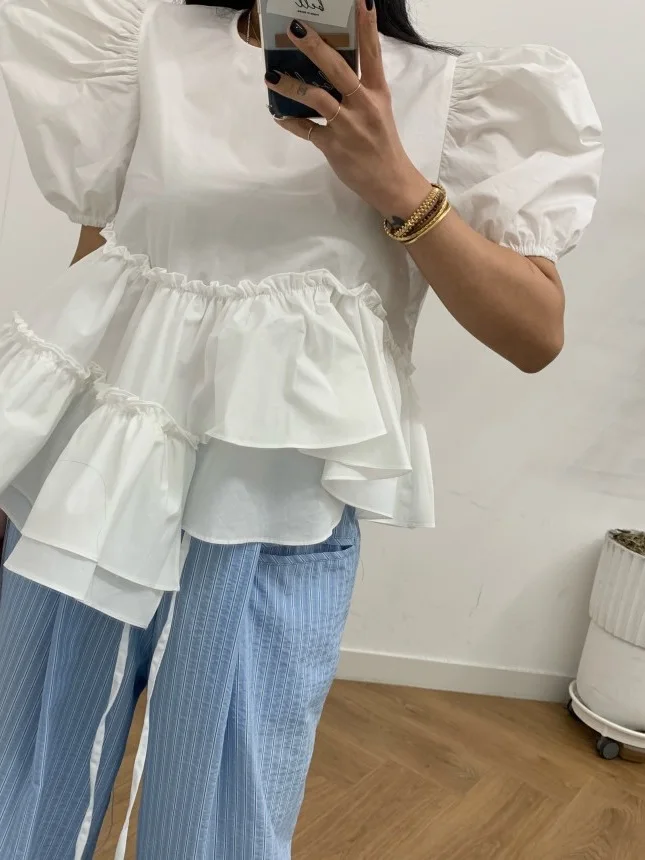 Chic White Bubble Sleeve Shirt Women's Fashion Uneven Design Anti-Aging Korean Style Short Sleeve Other Material 100%