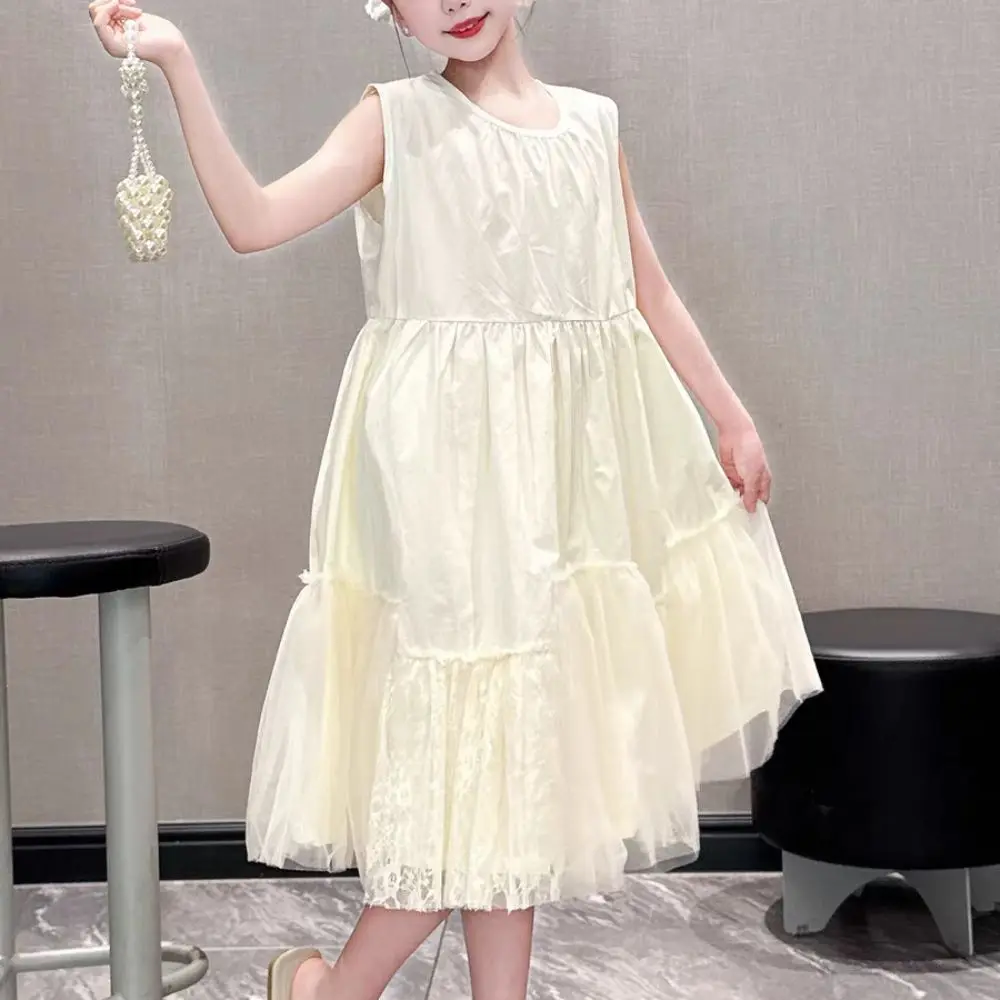 أزياء فضفاضة الفتيات فستان بلا أكمام الدانتيل شبكة المراهقين الصيف فساتين أطفال مطوي الحلو الأطفال فستان الأميرة الشاطئ #5