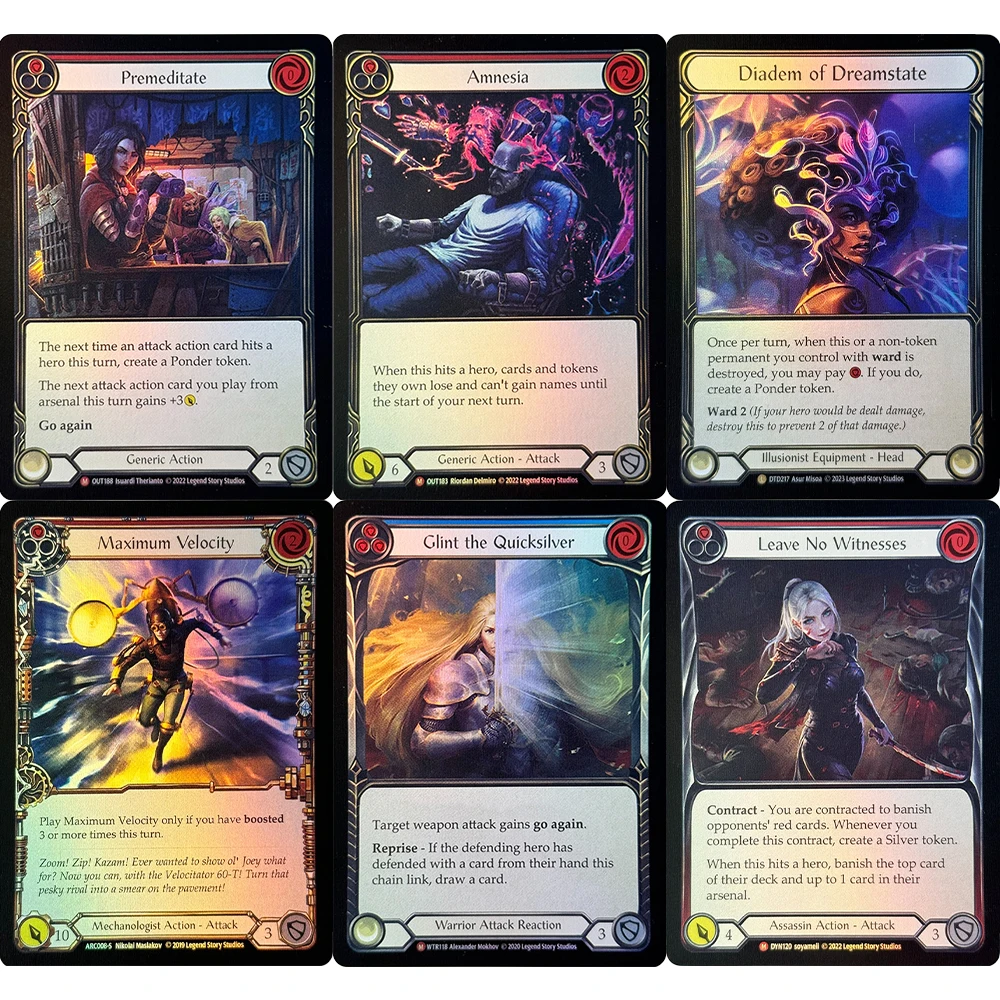 

FAB Foil Proxy Game Cards Premeditate Amnesia Diadem of Dreamstate Maximum Velocity Glint the Quicksilver Leave No Witnesses Toy