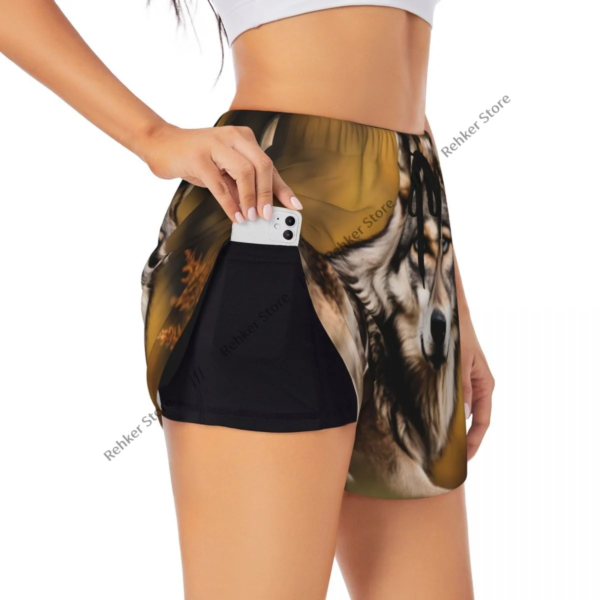 Yogashorts voor dames Fitnessshorts Biker Workout Sportshorts Wolf In de herfst Bos Sneldrogende sportkleding met zak
