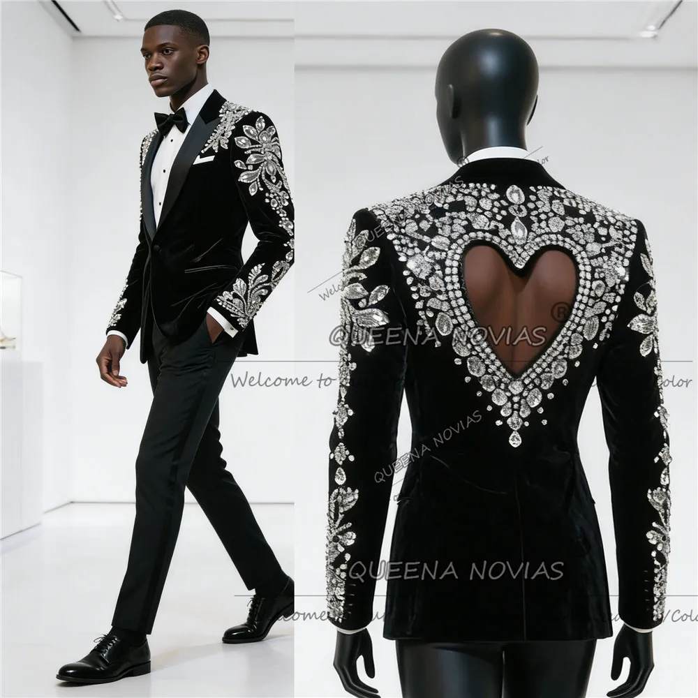 Exclusive Jewelry Stones Suits Men Slim Fit Single Breasted Jacket Pants 2 Piece Set Groom Wedding Tuxedos Cut-Out Prom Blazers