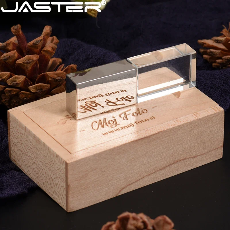 JASTER USB Flash Drive Wooden Box Crystal Pen Drive Custom Logo Memory Stick Creative Wedding Gift Pendrive 128GB 16GB 32GB 64GB