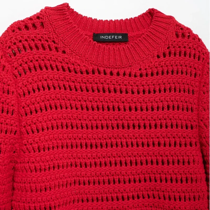 TRAF 2024 Women Tassels Red Knitted Sweater Female Sweater Autumn Winter Long Sleeve Short Sweaters Round Neck Cut Out Knitwears