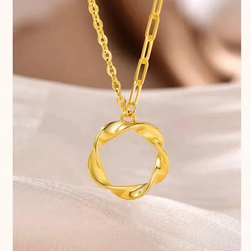 

Роскошное женское ожерелье из чистого золота 24 карата 9999, светлая роскошная круглая подвеска с геометрическим рисунком, цепочка на ключицу