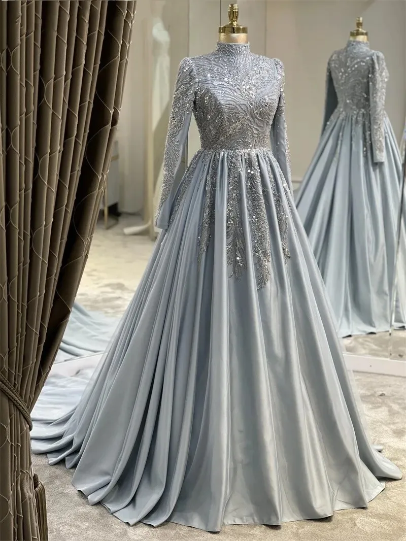 Maßgeschneidertes Dubai-Luxus-Abendkleid, Satin-Applikationen, Perlen, Hijab, formelles Partykleid, lange Ärmel, islamische arabische Roben de Soirée