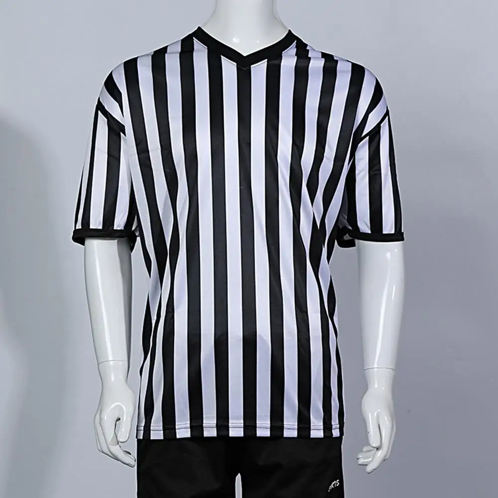 Court Uniform Striped Shape Short Sleeve V-neck Referee Wearing Polyester Fiber Sporting Goods Collared Referee Shirt for Sports