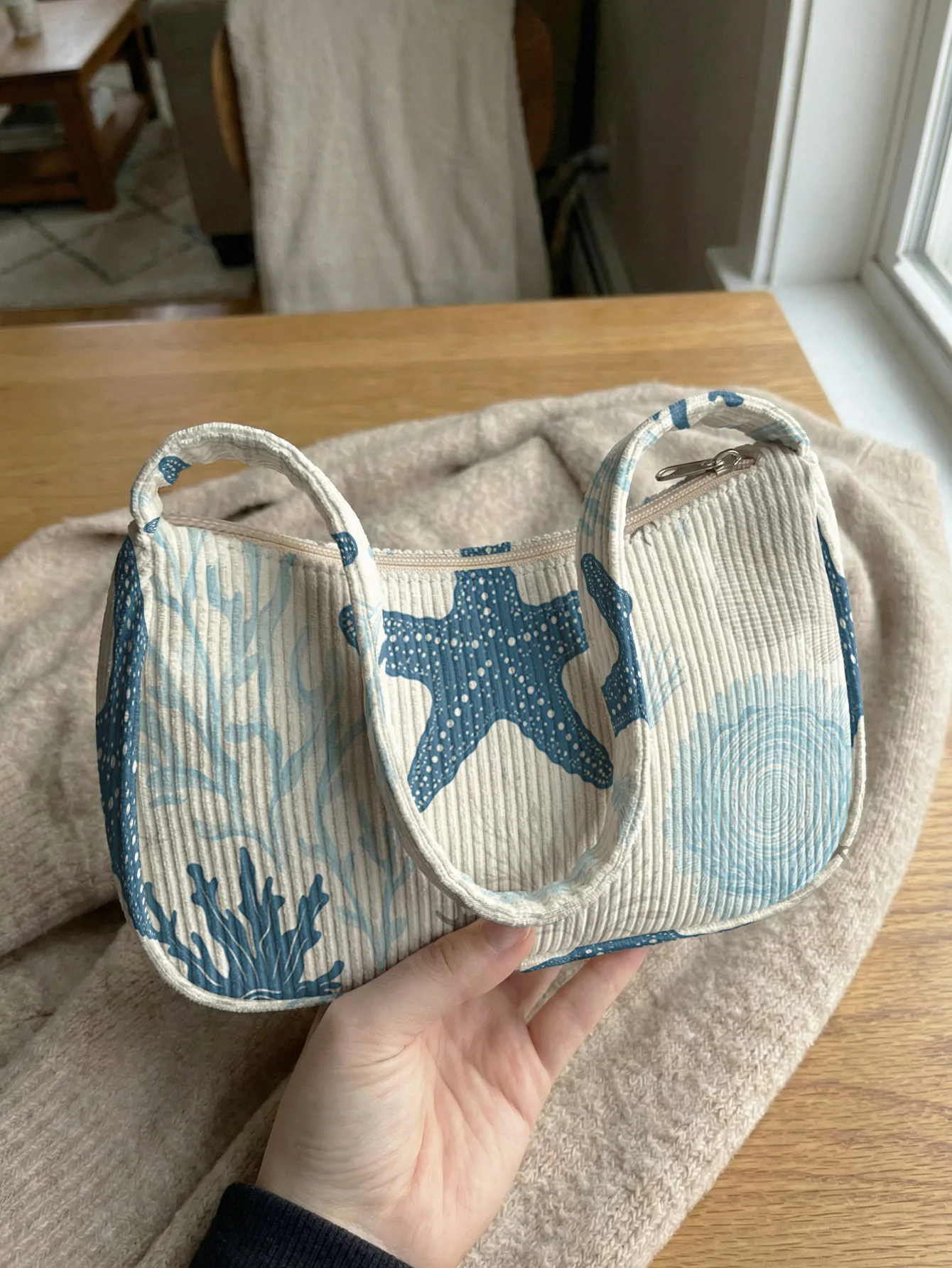 Trendy Starfish Print Shoulder Bag, Corduroy Underarm Bag for Daily Casual Use