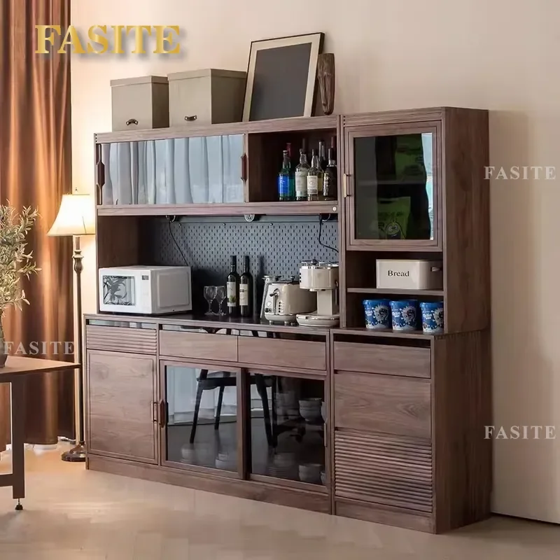 Black Walnut Solid Wood Dining Sideboard Cabinet Retro High Storage Wine Credenza for Living Room Wall Mounted Modern Home