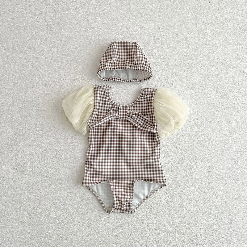 MILANCEL Summer New Girls Swimming Wear Plaid Skinny Beach One Piece Lace Sleeve Baby Swimming  Suit