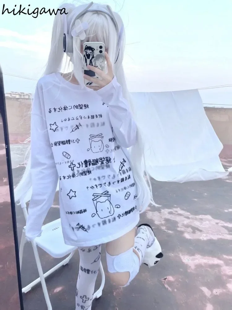 Camisetas japonesas para Mujer, Ropa de Mujer de gran tamaño, camisetas informales de manga larga, Ropa bonita con estampado de letras a la moda,