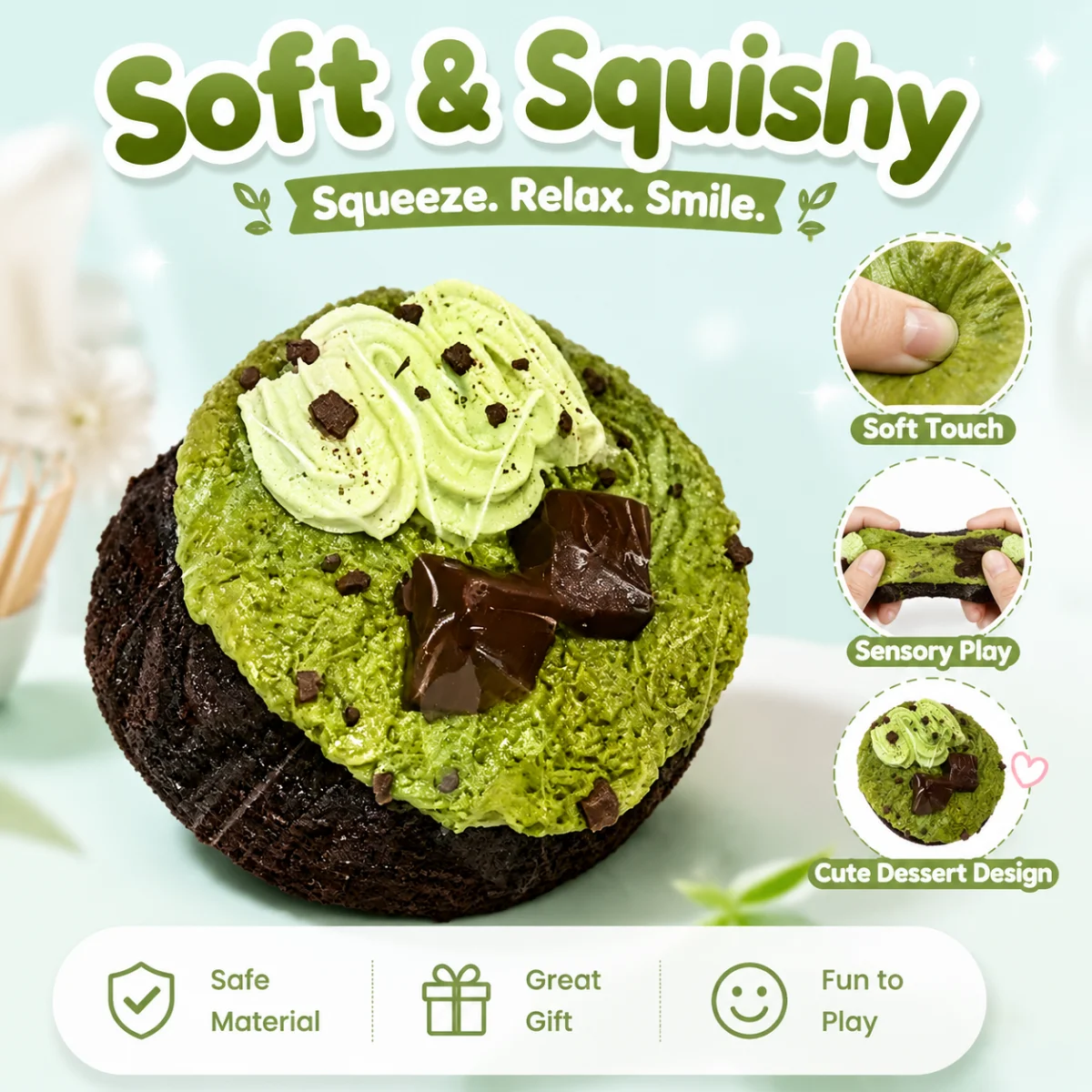 Realistic Round Green Matcha Dessert Fidget Squishy Toy Non Toxic Food Grade Silicone Stress Reliever Toy Novelty Food Model Toy