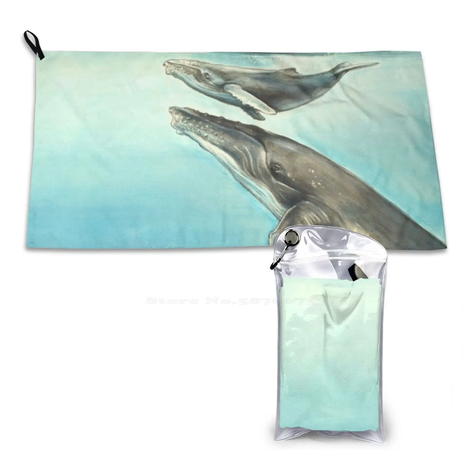 Humpback Whale And Calf Soft Towel Quick Dry Beach Towel Humpback Whale Calf Ocean Blue Sea Marine Life Water Colour Ink