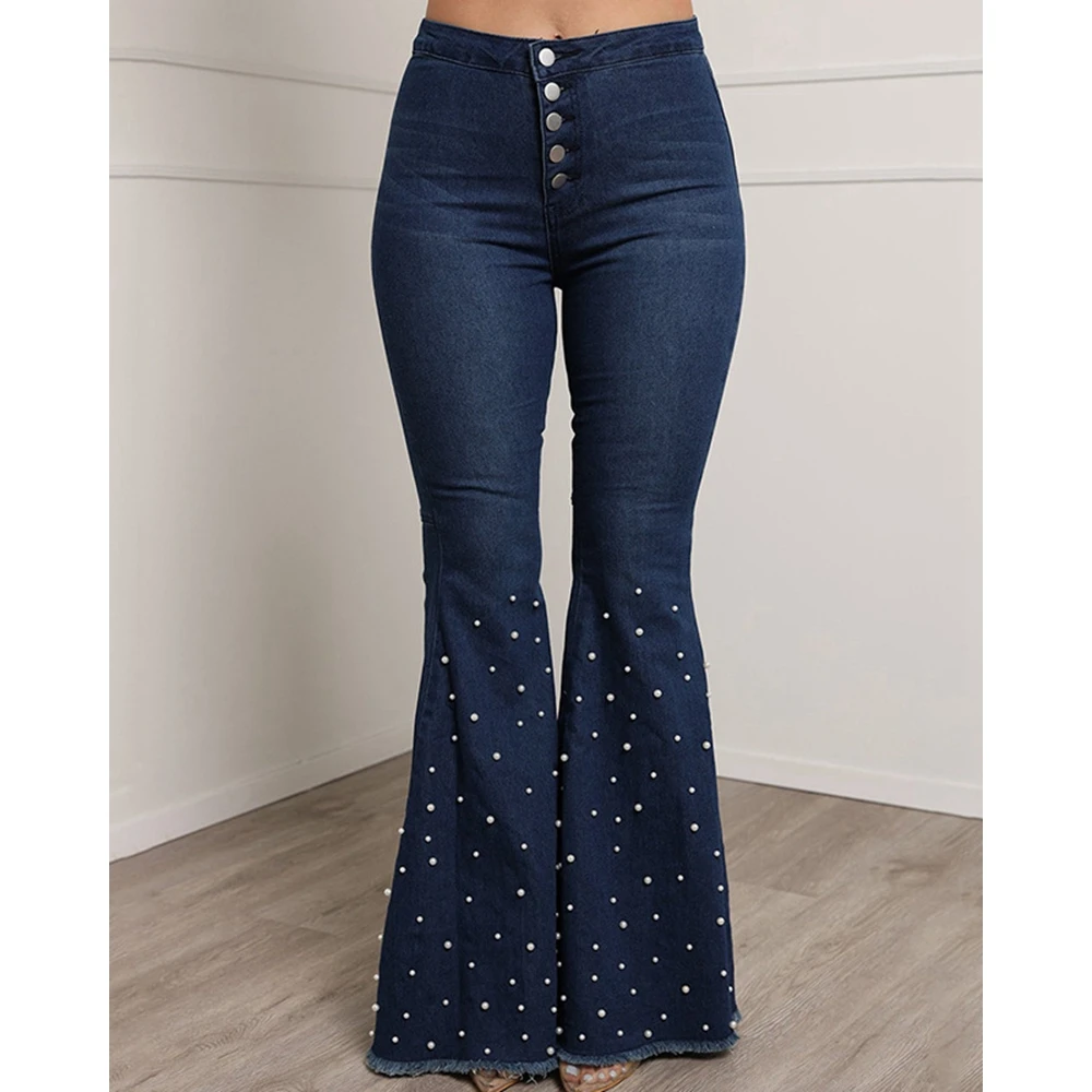 

Beaded Flared Washed Skinny High Waist Jeans Casual Denim Vintage Pants