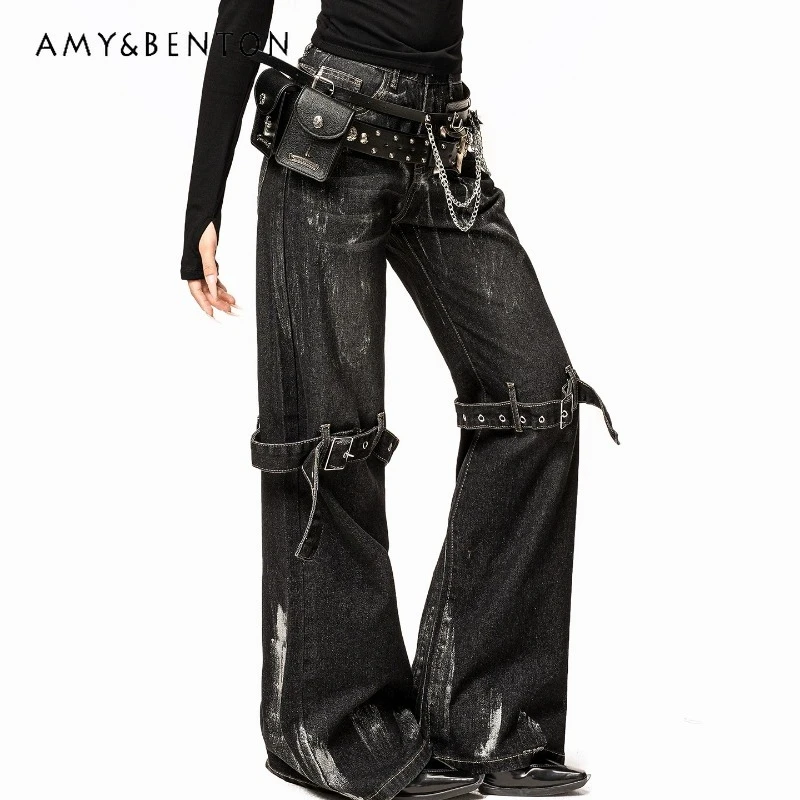 

American Retro Design Women's Jeans 2025 Autumn New Subculture Punk Style Sweet Cool Hot Girl Wide-Leg Floor-Length Pants Ladies