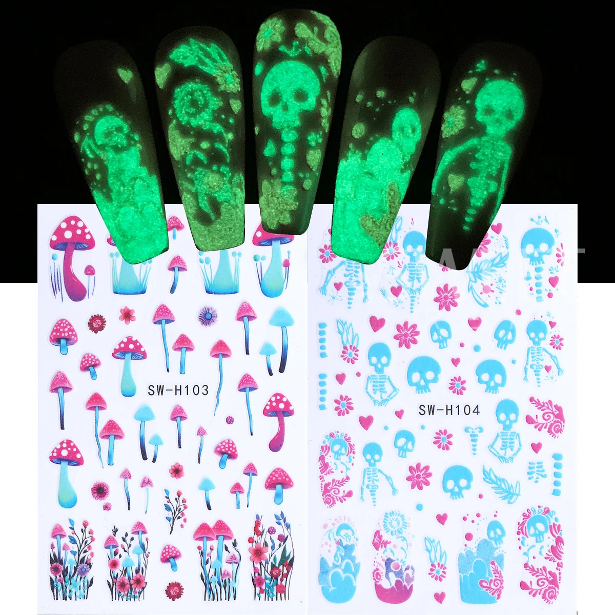 2pcs Luminous Halloween 3D Nail Sticker Gothic Skulls Skeletons Mushrooms Glow In Dark Adhesive Decal Flowers Y2K Manicure Foils