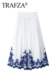 TRAFZA Blue Floral Embroidery Skirt For Women Fashion Casual Loose Elastic Waist Skirt Pleated Woman High Waist Midi Skirts TRAF