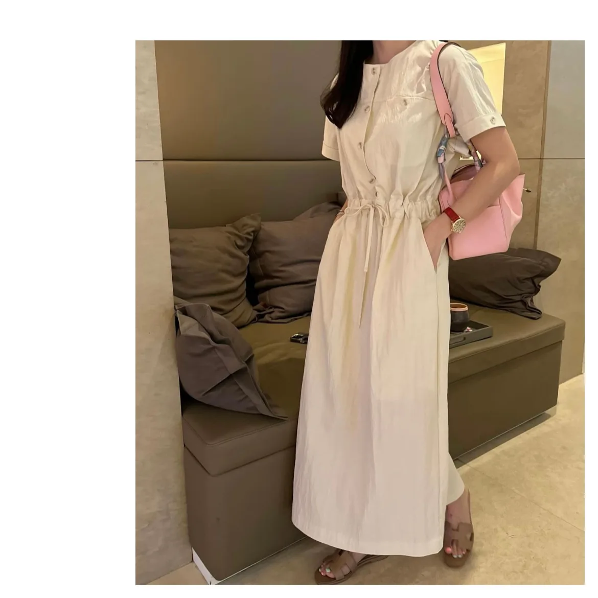 เสื้อแขนยาวสไตล์เกาหลีหวานๆ ทรงเข้ารูป กระชับเอว แฟชั่นวันหยุด ผ้าฝ้ายอเนกประสงค์ สำหรับฤดูใบไม้ผลิและฤดูใบไม้ร่วง คอเหลี่ยม แขนสั้น