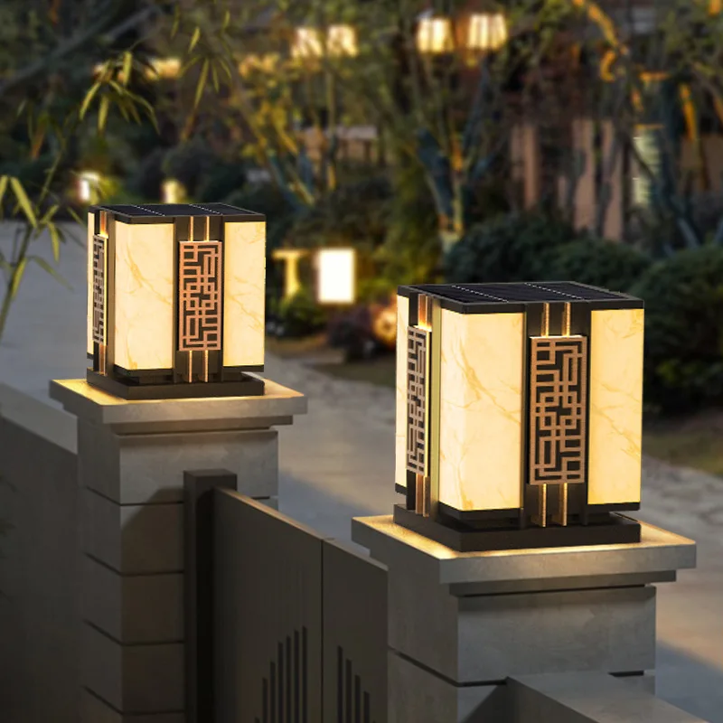 Luxury Chinese Style LED Solar Lawn Light Outdoor Waterproof IP65 Lmitated Marble Steet Lamp For Pillar Fence Door Post Adorn
