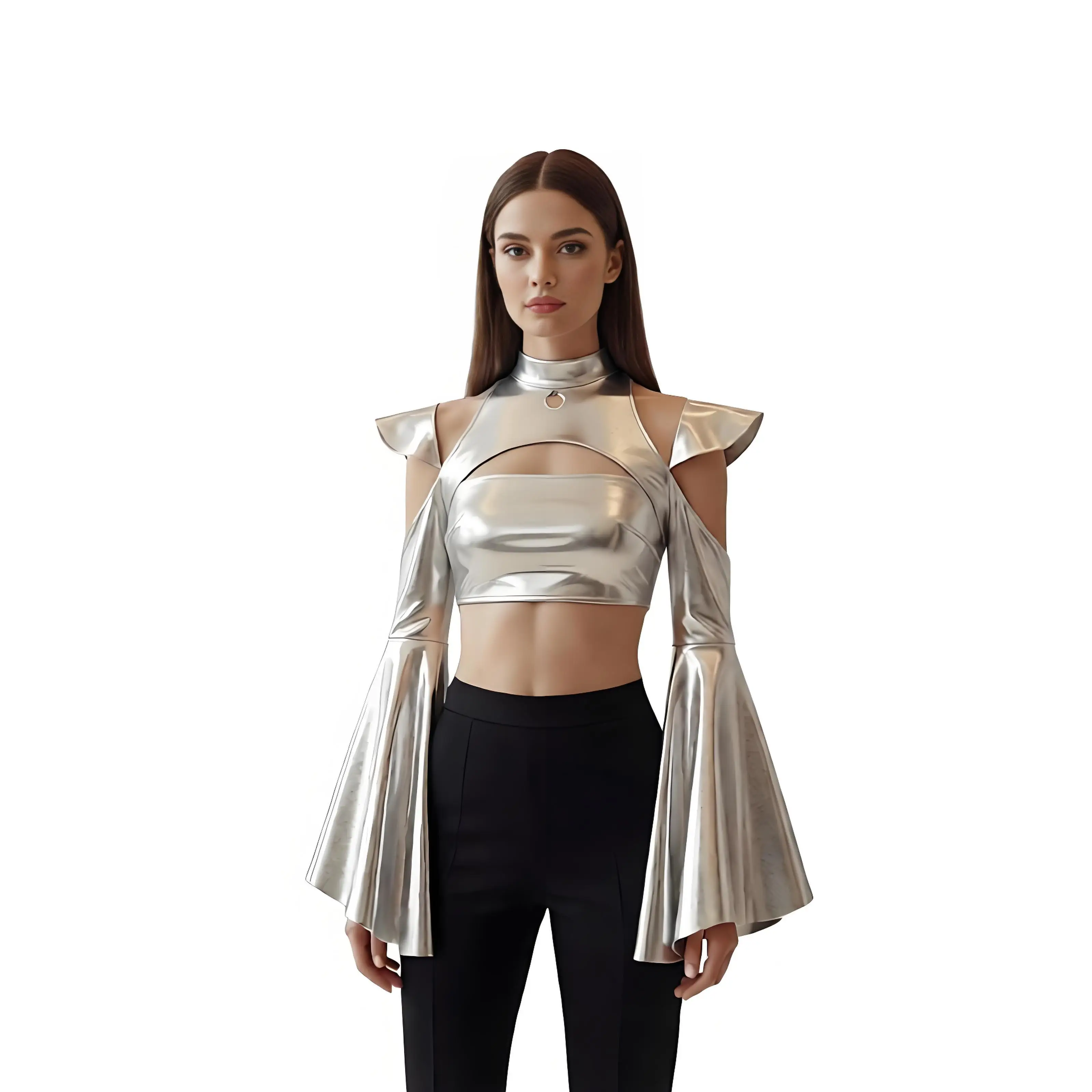 Women Halloween Costume Shrug Bolero Metallic Shoulder Armor Split Flared Long Sleeve Futuristic Shawl Disco Dance Top Costume
