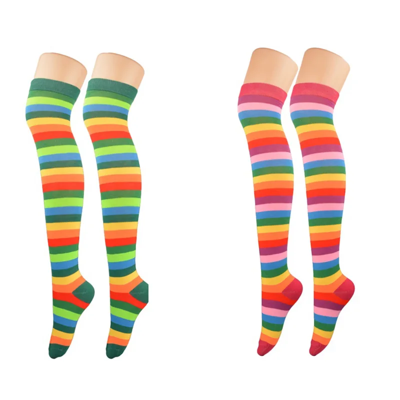 Colorful Rainbow Stripes Stocking Women Over Knee Long Cotton Socks Cosplay Costume Lolita Thigh High Soxs Halloween Christmas