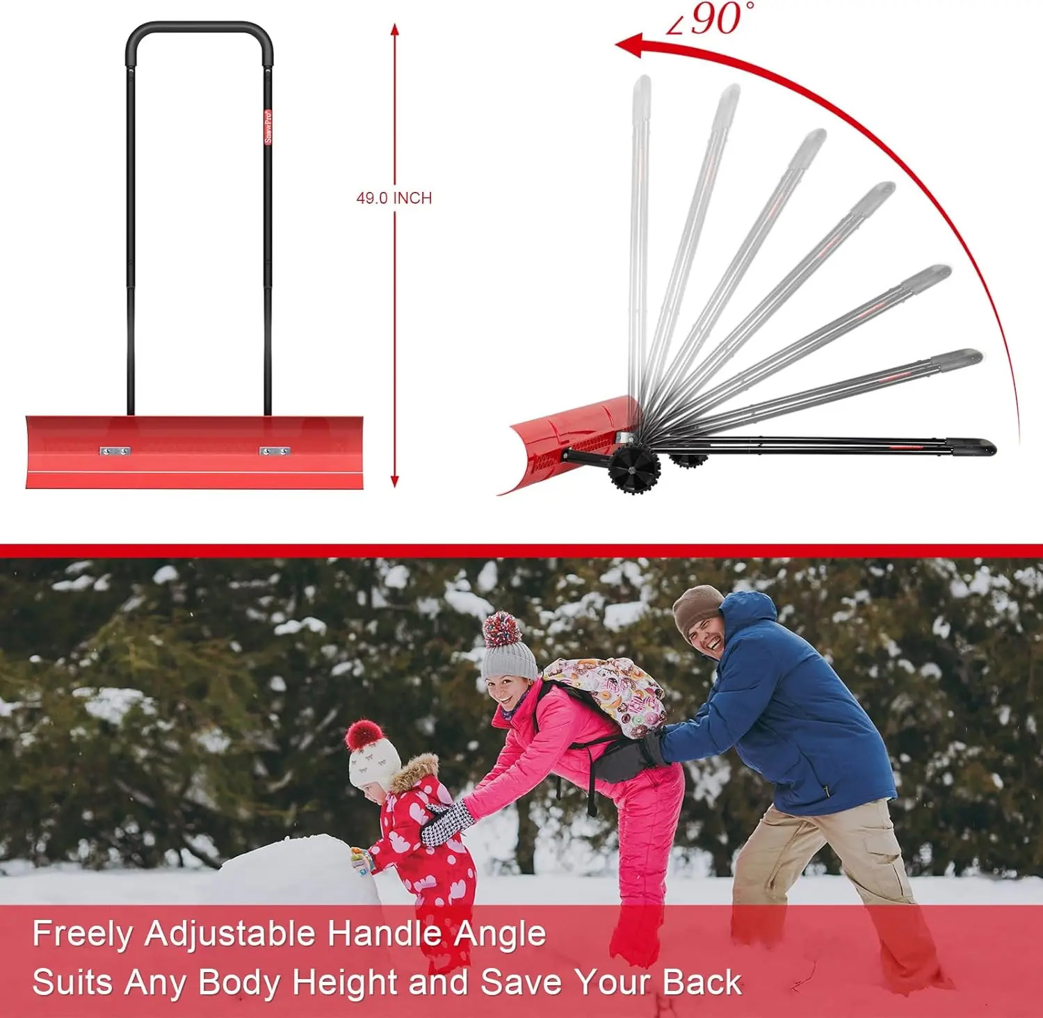 38 Inch Snow Shovel for Driveway, Bi-Direction Heavy Duty Snow Pusher with Wheels and Angled Blade for Efficient Snow Removal