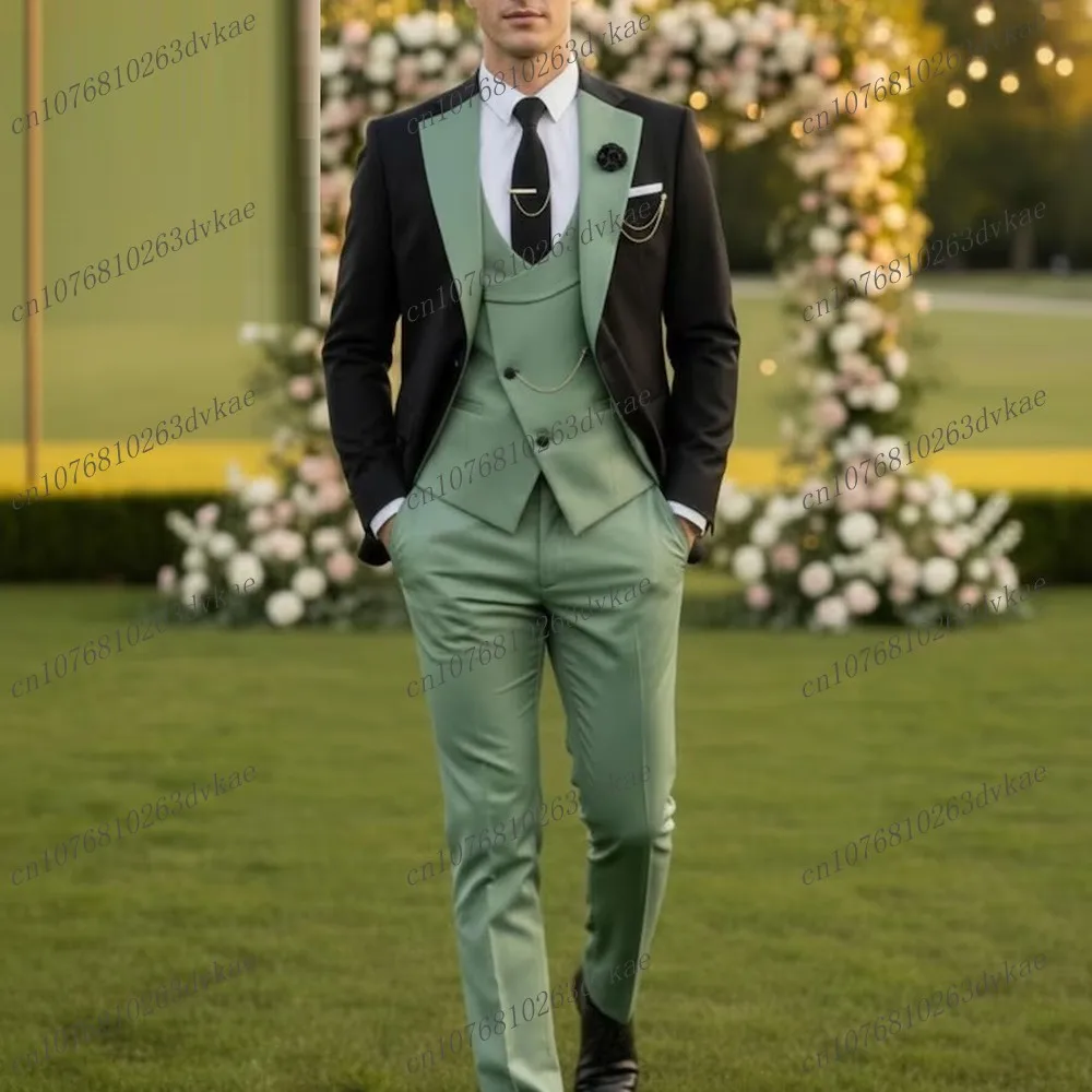 

Новый черный и мятно-зеленый мужской костюм для свадебной вечеринки, формальный жених, жених, выпускного вечера, деловые мужские смокинги, комплект из 3 предметов, куртка, жилет, брюки