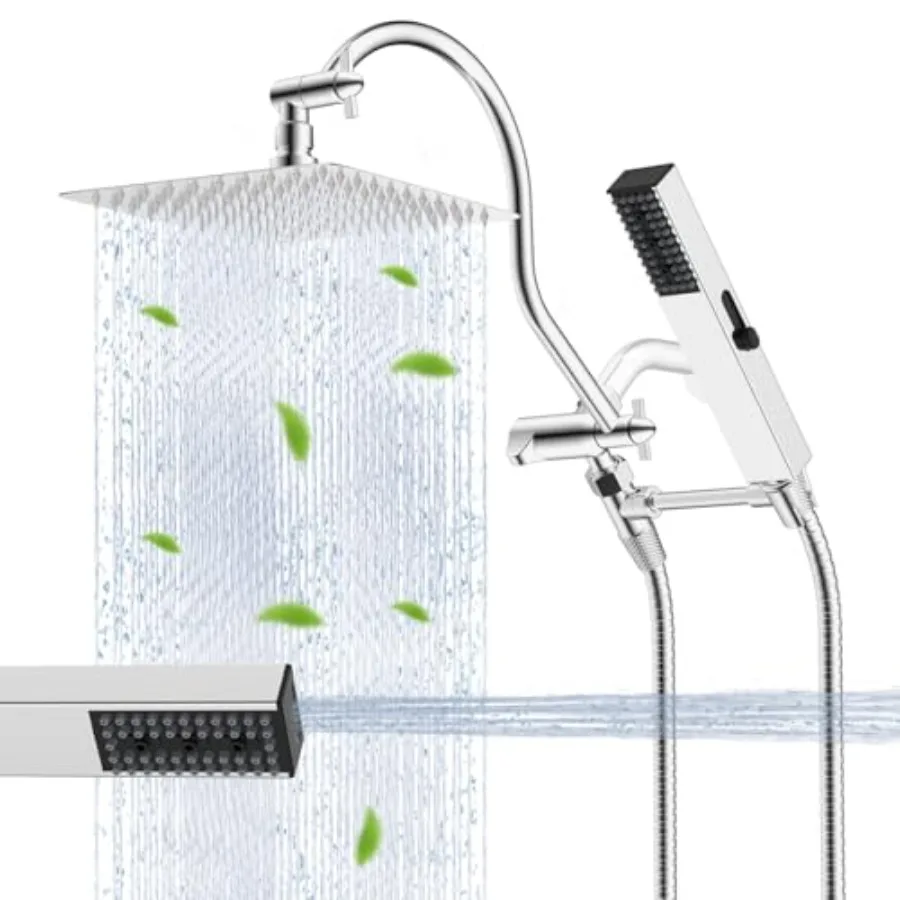 

8-дюймовая душевая лейка высокого давления с хромированным покрытием, полностью металлическая конструкция, 4 режима распыления, в комплекте ручная лейка 12 дюймов, регулируемая