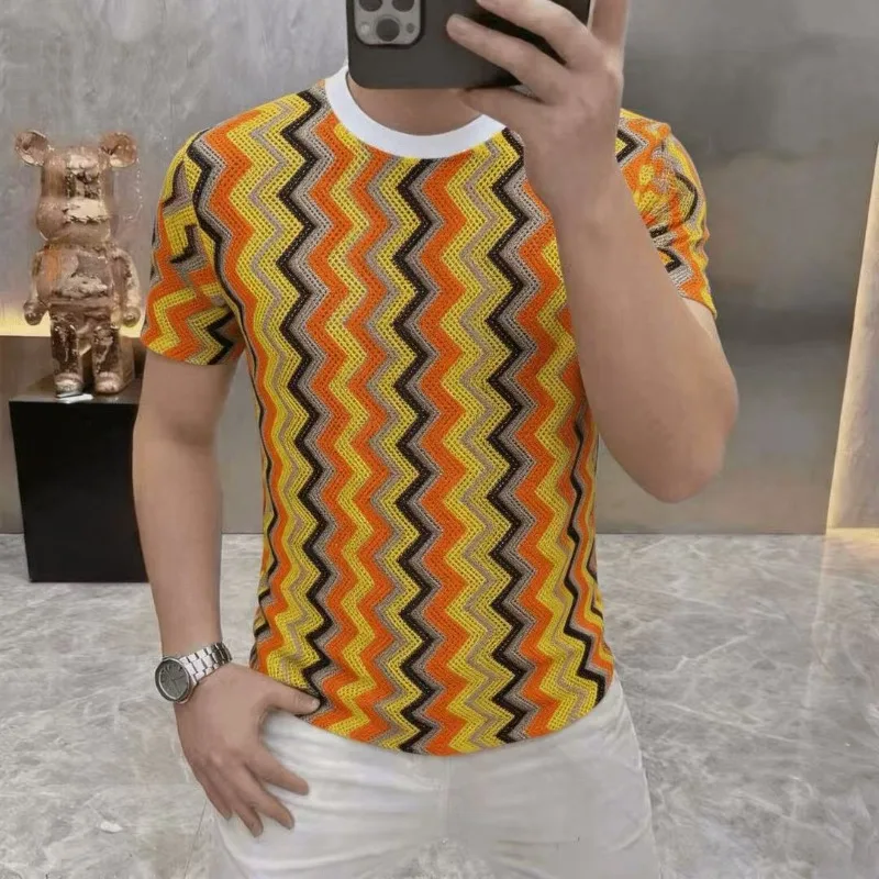 Summer Mesh Jacquard Short Sleeved T-shirt for Men Breathable Casual Social T-shirts Round Neck Versatile Streetwear Tte Tops