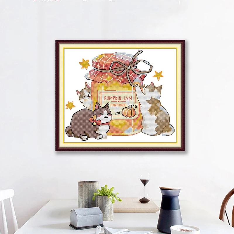 Joy Sunday Cross Stitch Kit Cat and Jam HD Pattern Printed Counted Fabric Aida Fabric 16/14/11CT DIY Embroidery Sets Home Decor