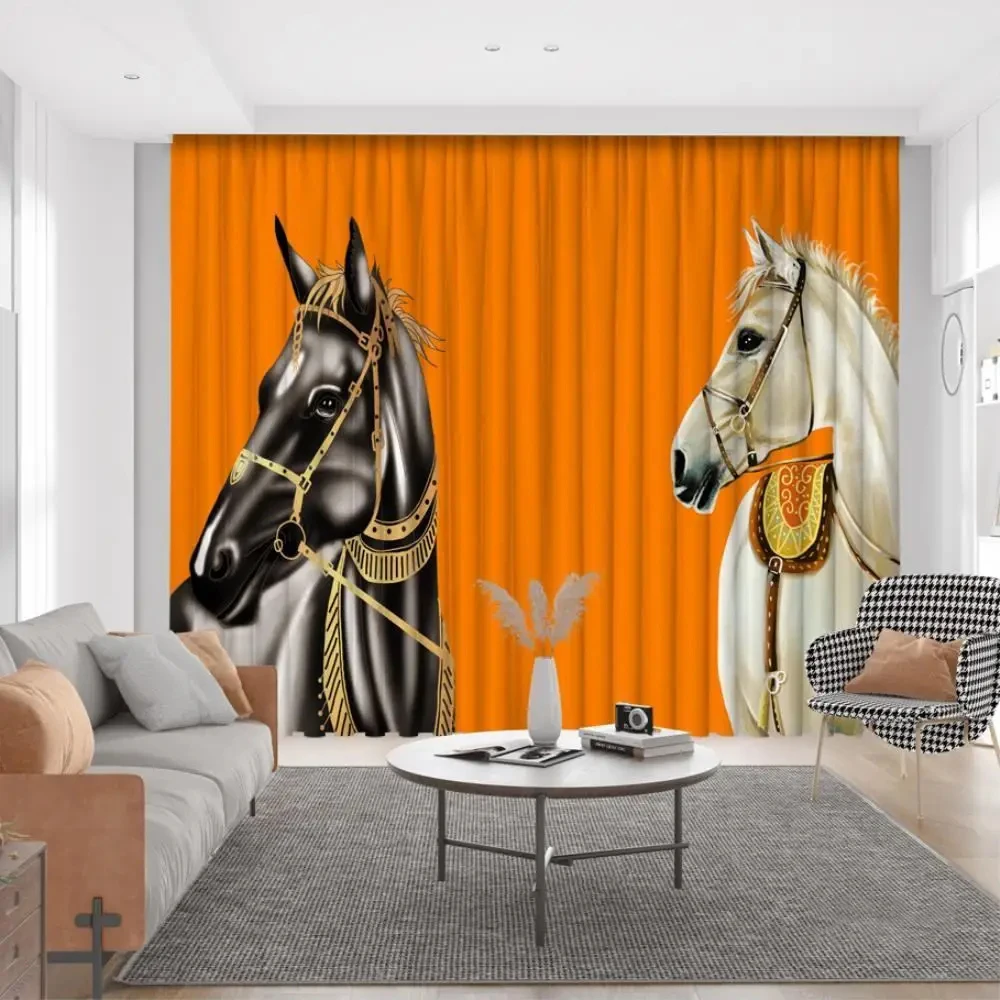 3D Luxury Pop Orange Background Black and White Horse Curtains Modern Home Style Curtains Living Room Bedroom Study Room Decor