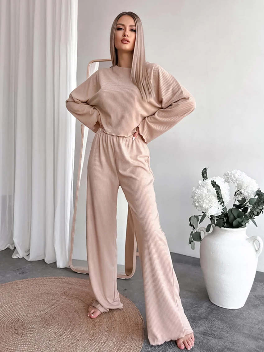 Marthaqiqi Knitted Female Sleepwear 2 Piece Set O-Neck Pajamas Long Sleeve Nightie Crop Top Nightwear Pants Casual Home Clothes