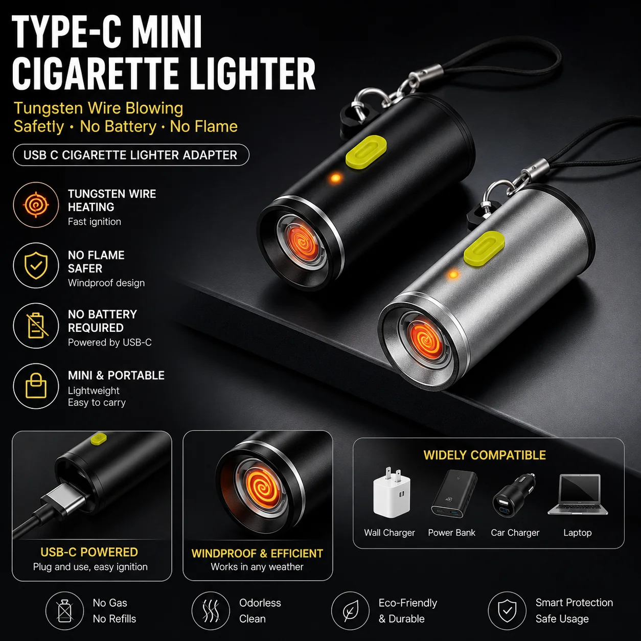 Outdoor Power Hub - USB-C мини-зажигалка с вольфрамовой нитью, безопасная,